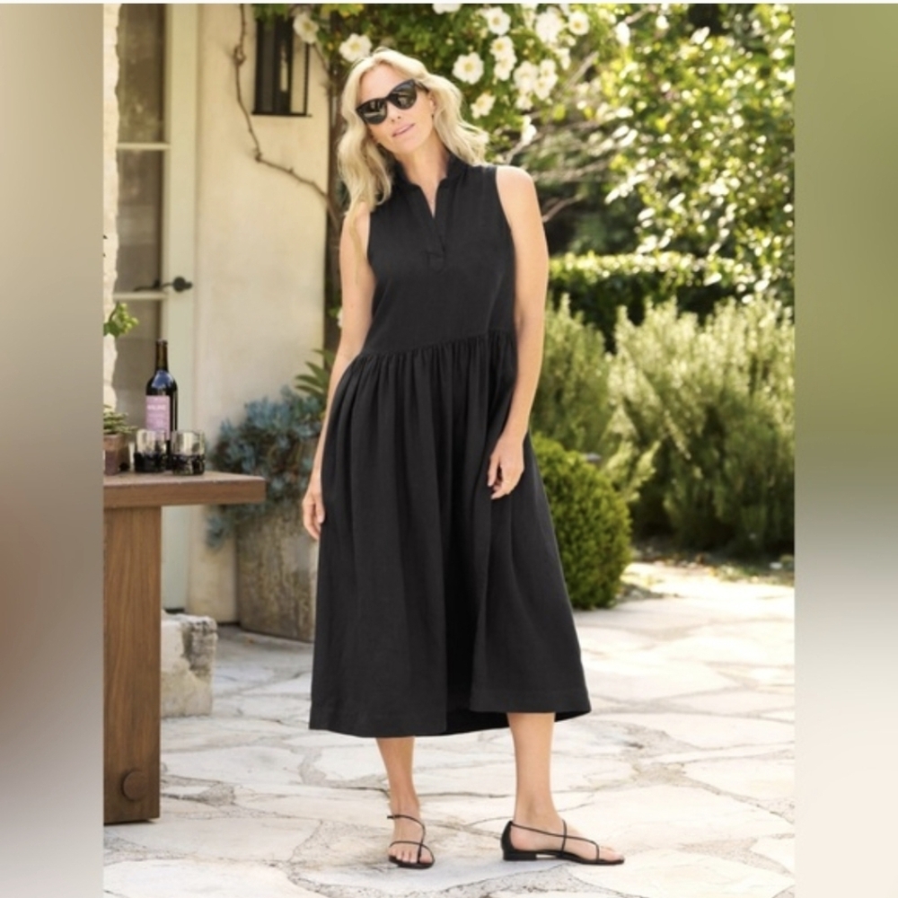 Frank & Eileen Daphne 100% Linen Midi Dress In Black Size S